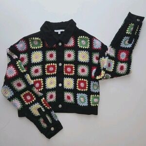 See and Be Seen Crochet Jacket Small Granny‎ Square Cropped Black Button Front E